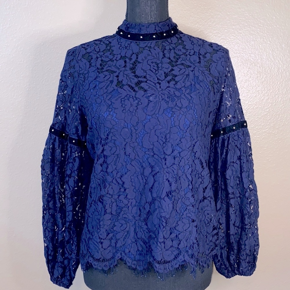 LaBellum Hillary Scott Blue Balloon Puff Sleeve Lace Blouse
